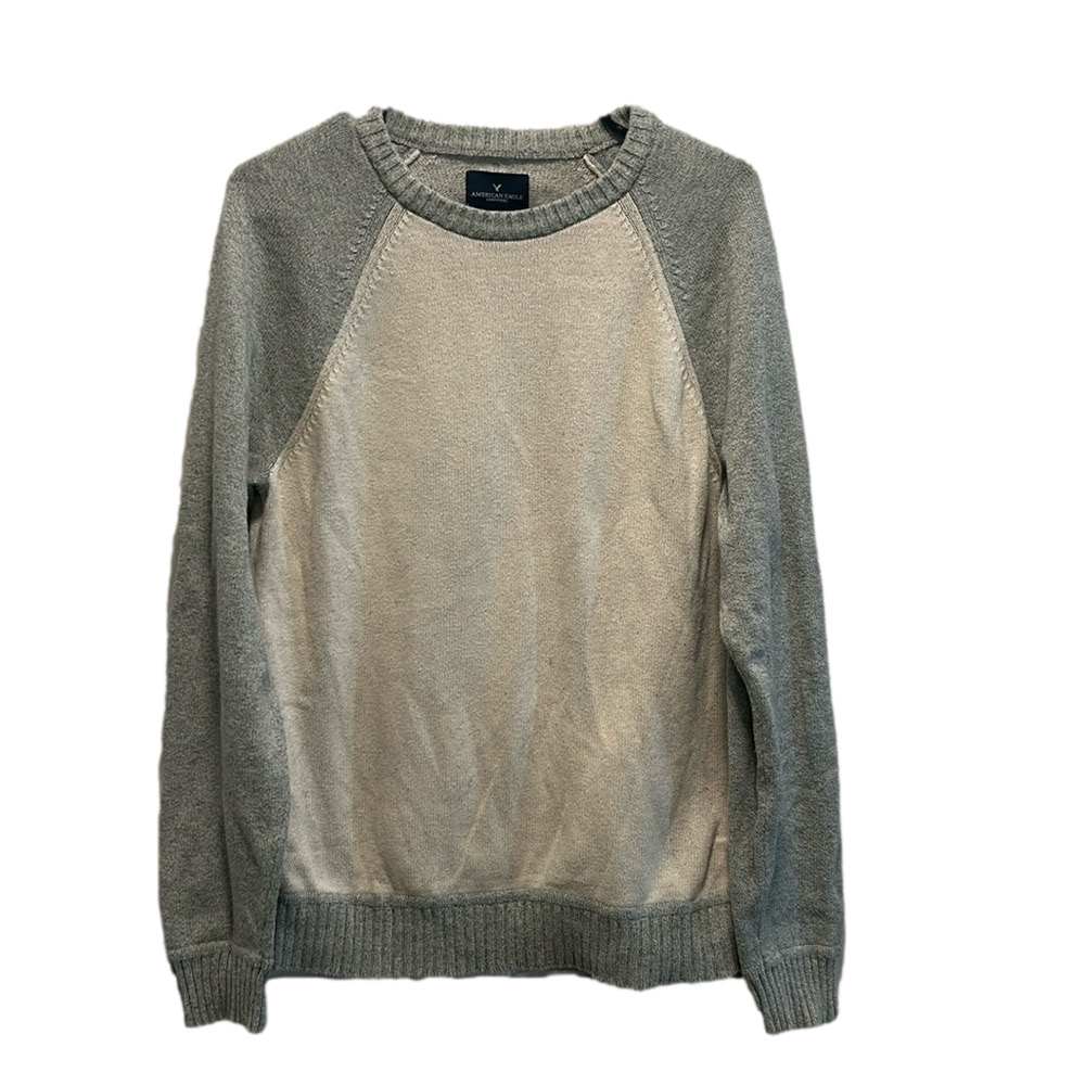 American Eagle Men's Cotton Knit Crew Gray & Off White Colorblock Sweater